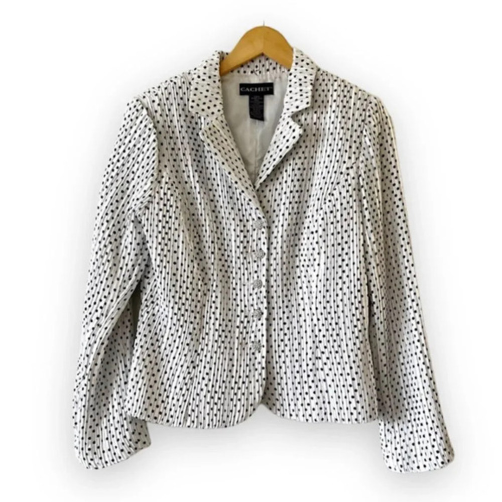 Cachet Evening White Crinkle Jacket Black Dot Sparkle Button Size 8 New With Tag